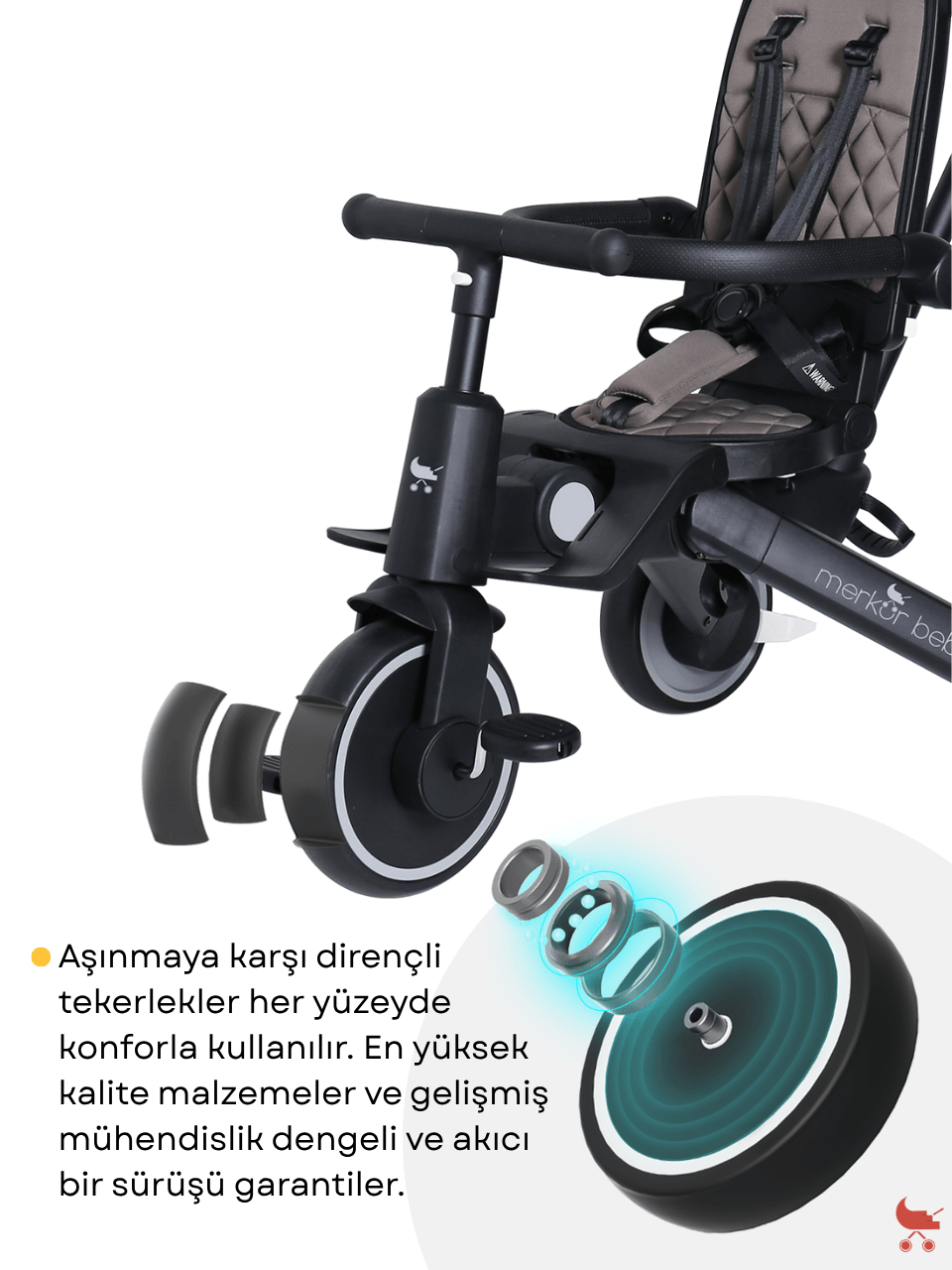 Merkür Bebe 9in1 Hawk Çift Yönlü Katlanabilir Yatabilir Ayak Destekli Üç Tekerlekli Bebek ve Çocuk Bisikleti Premium Gold