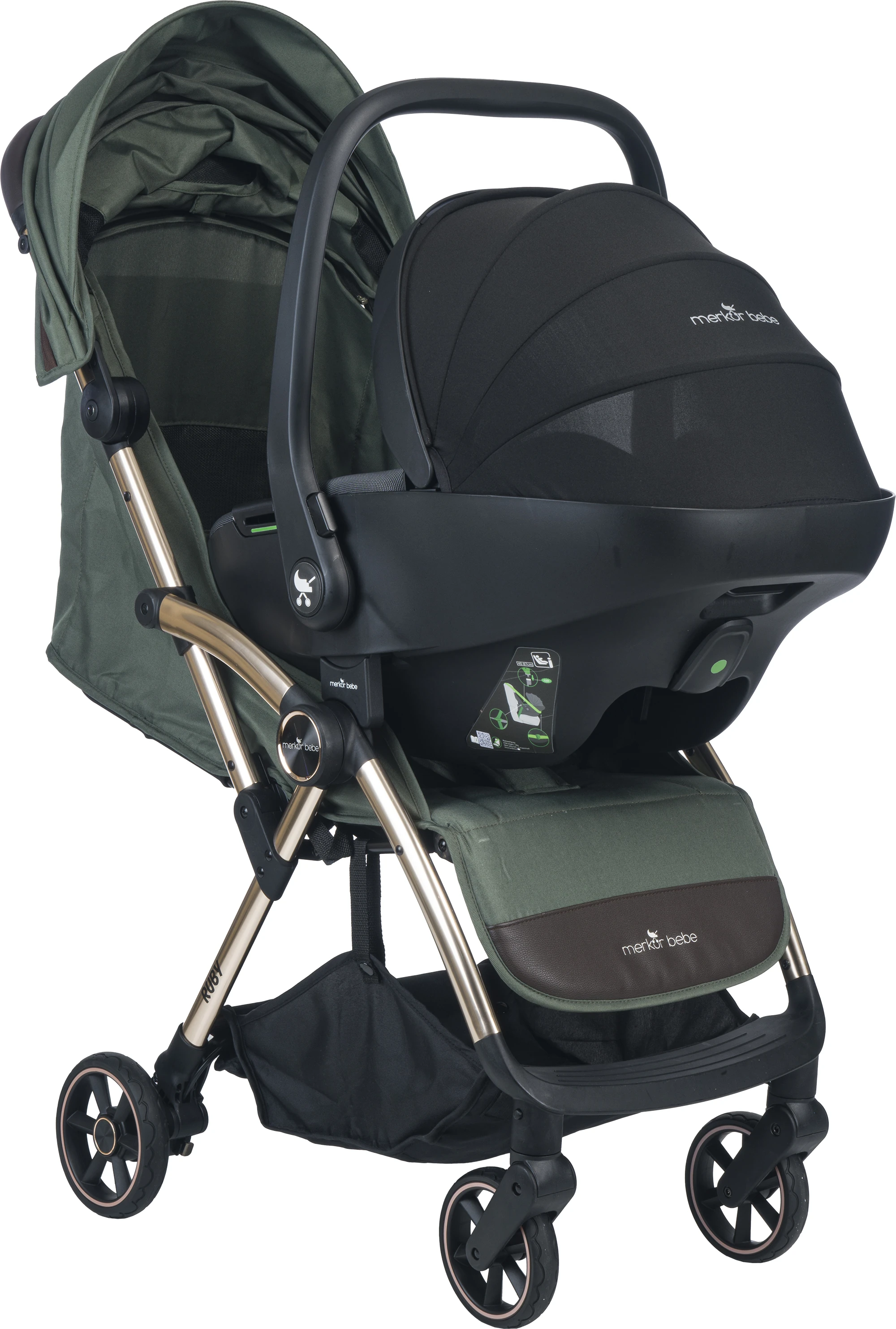 Merkür Bebe Ruby Tek Tuşla Otomatik Katlanan Kabin Boy Travel Sistem Bebek Arabası Yeşil