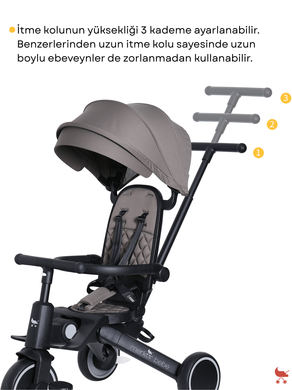 Merkür Bebe 9in1 Hawk Çift Yönlü Katlanabilir Yatabilir Ayak Destekli Üç Tekerlekli Bebek ve Çocuk Bisikleti Gri