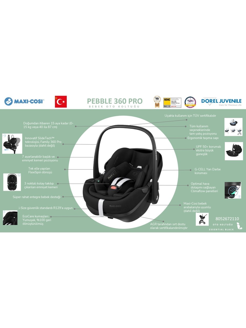Maxi-Cosi Pebble 360 Pro Slidetech - 360 Dönebilen Tam Yatabilen Ana Kucağı ve Oto Koltuğu 0-13 kg Twillic Green