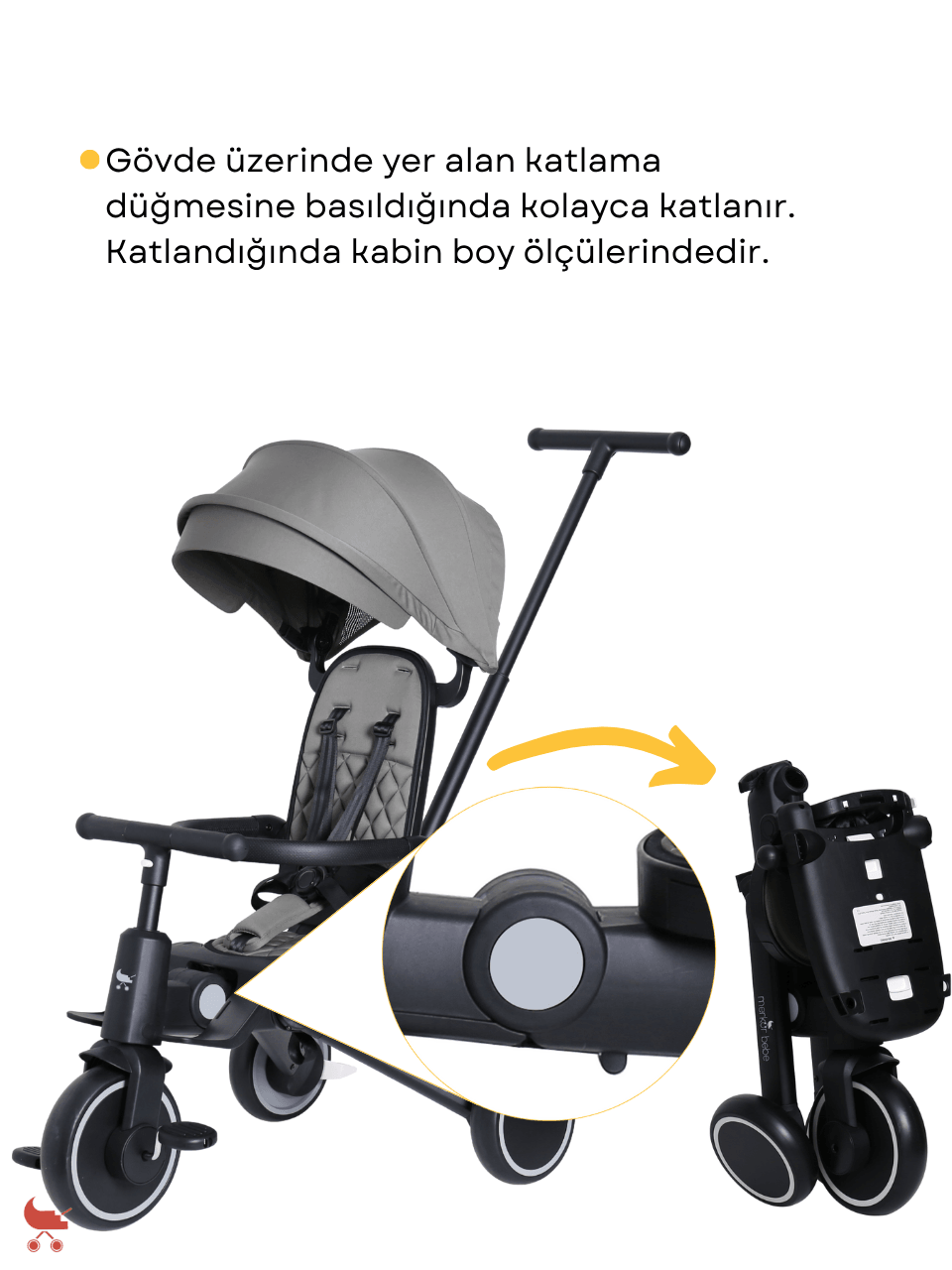Merkür Bebe 9in1 Hawk Çift Yönlü Katlanabilir Yatabilir Ayak Destekli Üç Tekerlekli Bebek ve Çocuk Bisikleti Gri
