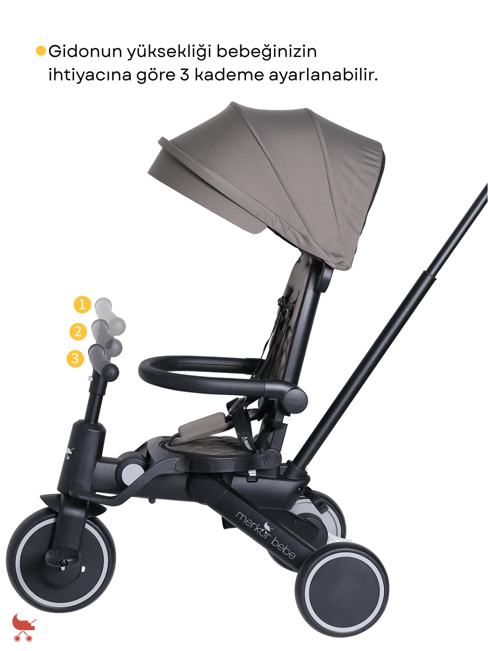 Merkür Bebe 9in1 Hawk Çift Yönlü Katlanabilir Yatabilir Ayak Destekli Üç Tekerlekli Bebek ve Çocuk Bisikleti Siyah