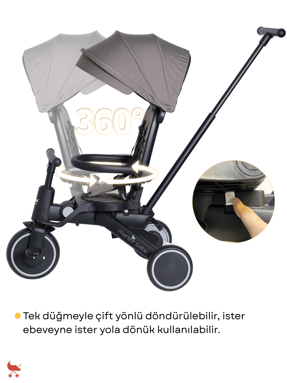 Merkür Bebe 9in1 Hawk Çift Yönlü Katlanabilir Yatabilir Ayak Destekli Üç Tekerlekli Bebek ve Çocuk Bisikleti Premium Gold