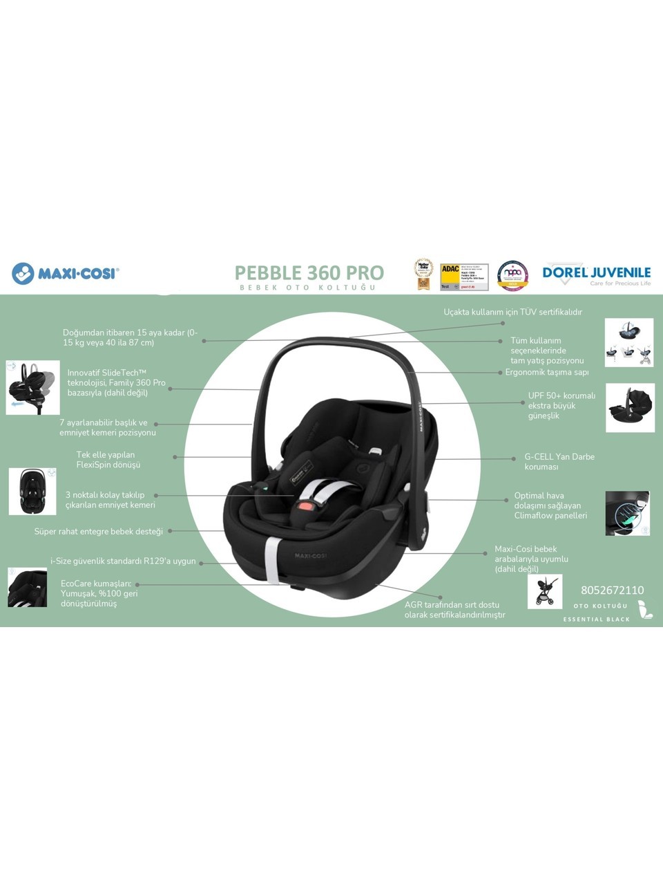 Maxi-Cosi Pebble 360 Pro Slidetech - 360 Dönebilen Tam Yatabilen Ana Kucağı ve Oto Koltuğu 0-13 kg Twillic Graphite