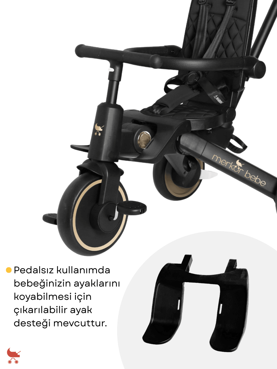 Merkür Bebe 9in1 Hawk Çift Yönlü Katlanabilir Yatabilir Ayak Destekli Üç Tekerlekli Bebek ve Çocuk Bisikleti Premium Gold