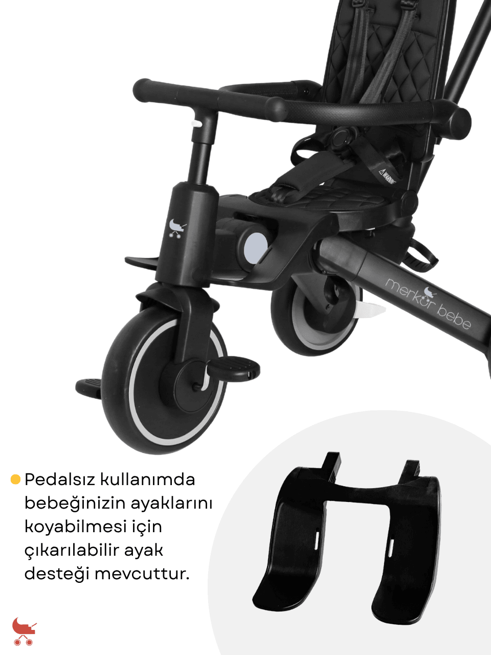 Merkür Bebe 9in1 Hawk Çift Yönlü Katlanabilir Yatabilir Ayak Destekli Üç Tekerlekli Bebek ve Çocuk Bisikleti Siyah