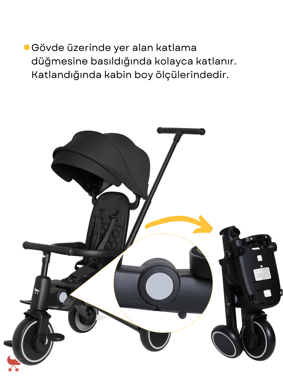 Merkür Bebe 9in1 Hawk Çift Yönlü Katlanabilir Yatabilir Ayak Destekli Üç Tekerlekli Bebek ve Çocuk Bisikleti Siyah