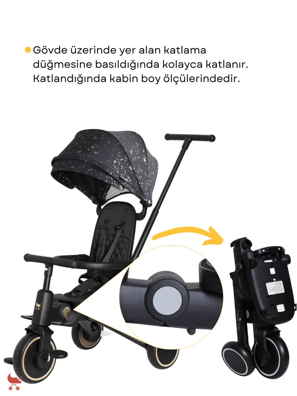 Merkür Bebe 9in1 Hawk Çift Yönlü Katlanabilir Yatabilir Ayak Destekli Üç Tekerlekli Bebek ve Çocuk Bisikleti Premium Gold