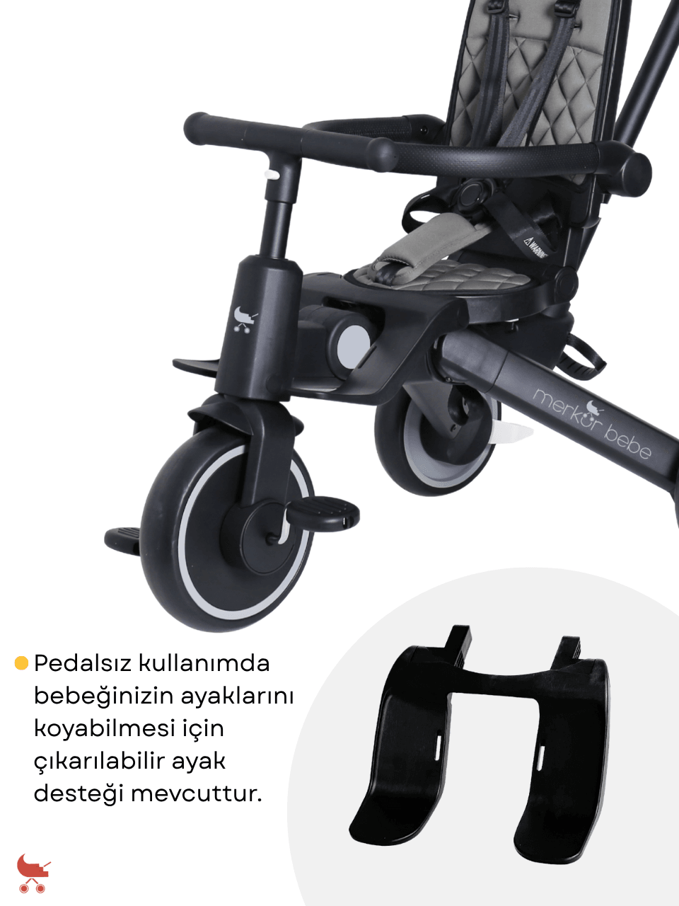 Merkür Bebe 9in1 Hawk Çift Yönlü Katlanabilir Yatabilir Ayak Destekli Üç Tekerlekli Bebek ve Çocuk Bisikleti Gri