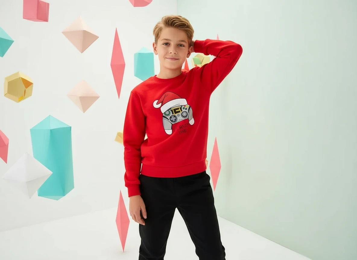 Yılbaşı Temalı Pamuklu Sweatshirt - Kırmızı4