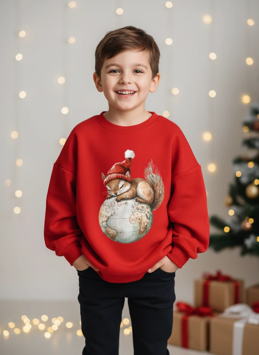 Yılbaşı Temalı Pamuklu Sweatshirt - Kırmızı4