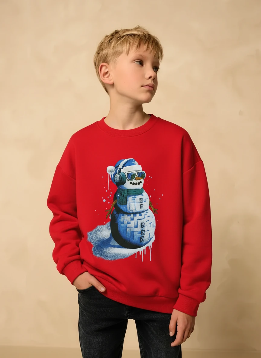 Yılbaşı Temalı Pamuklu Sweatshirt - Kırmızı2