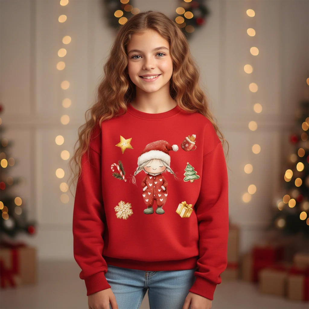 Yılbaşı Temalı Pamuklu Sweatshirt - Kırmızı3