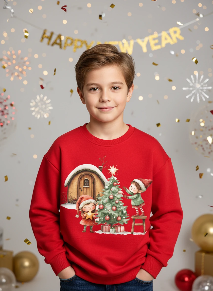 Yılbaşı Temalı Pamuklu Sweatshirt - Kırmızı3