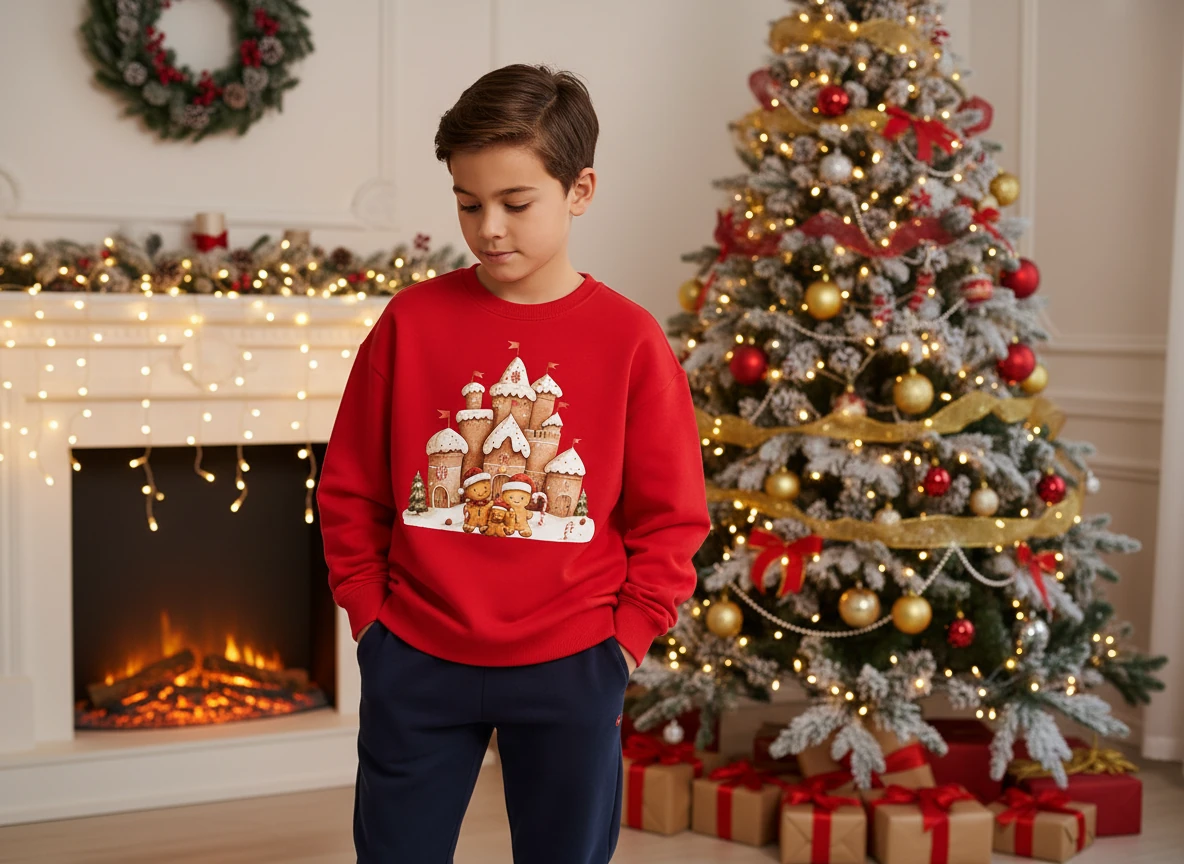 Yılbaşı Temalı Pamuklu Sweatshirt - Kırmızı2