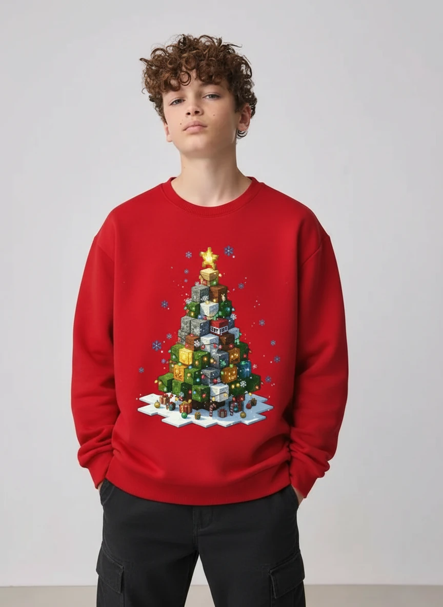 Yılbaşı Temalı Pamuklu Sweatshirt - Kırmızı3