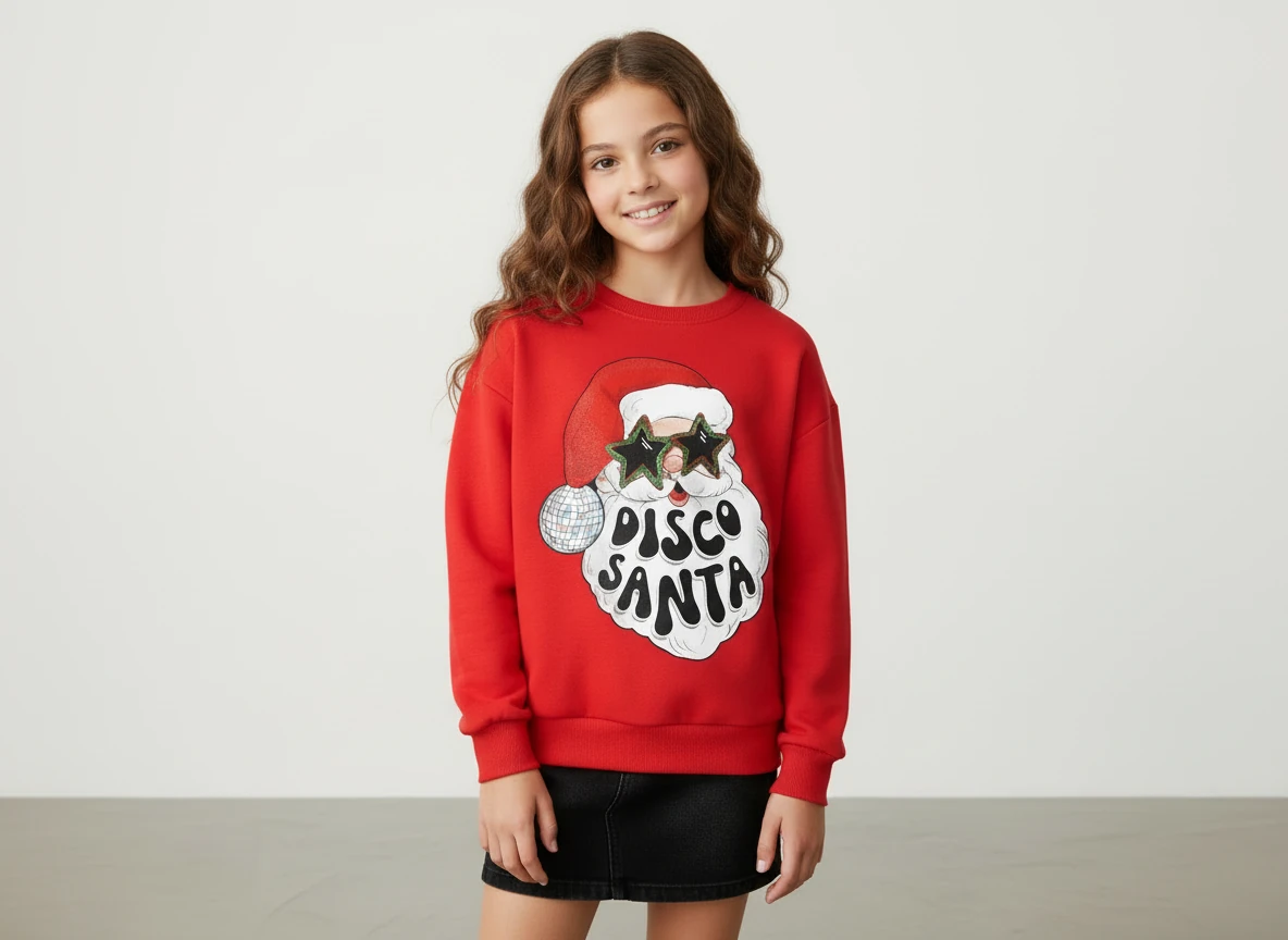 Yılbaşı Temalı Pamuklu Sweatshirt - Kırmızı3