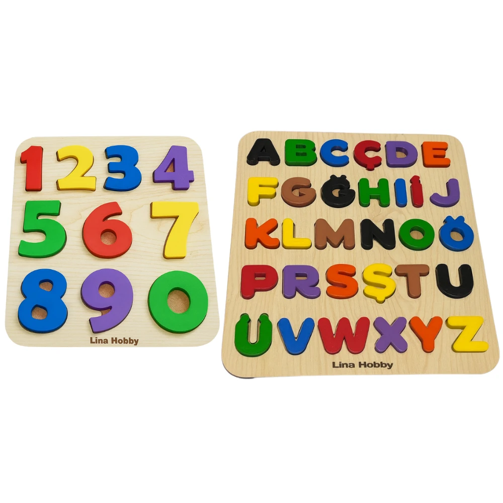 Alfabe ve Rakam Puzzle İkili Set - Ahşap Tabanlı ve PLA Harf/Rakamlar Eğitici Oyuncak