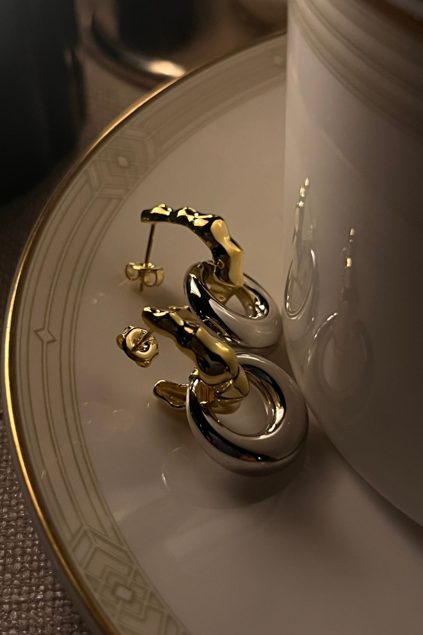 Serenay Gold Silver Mix Küpe | 925 Gümüş