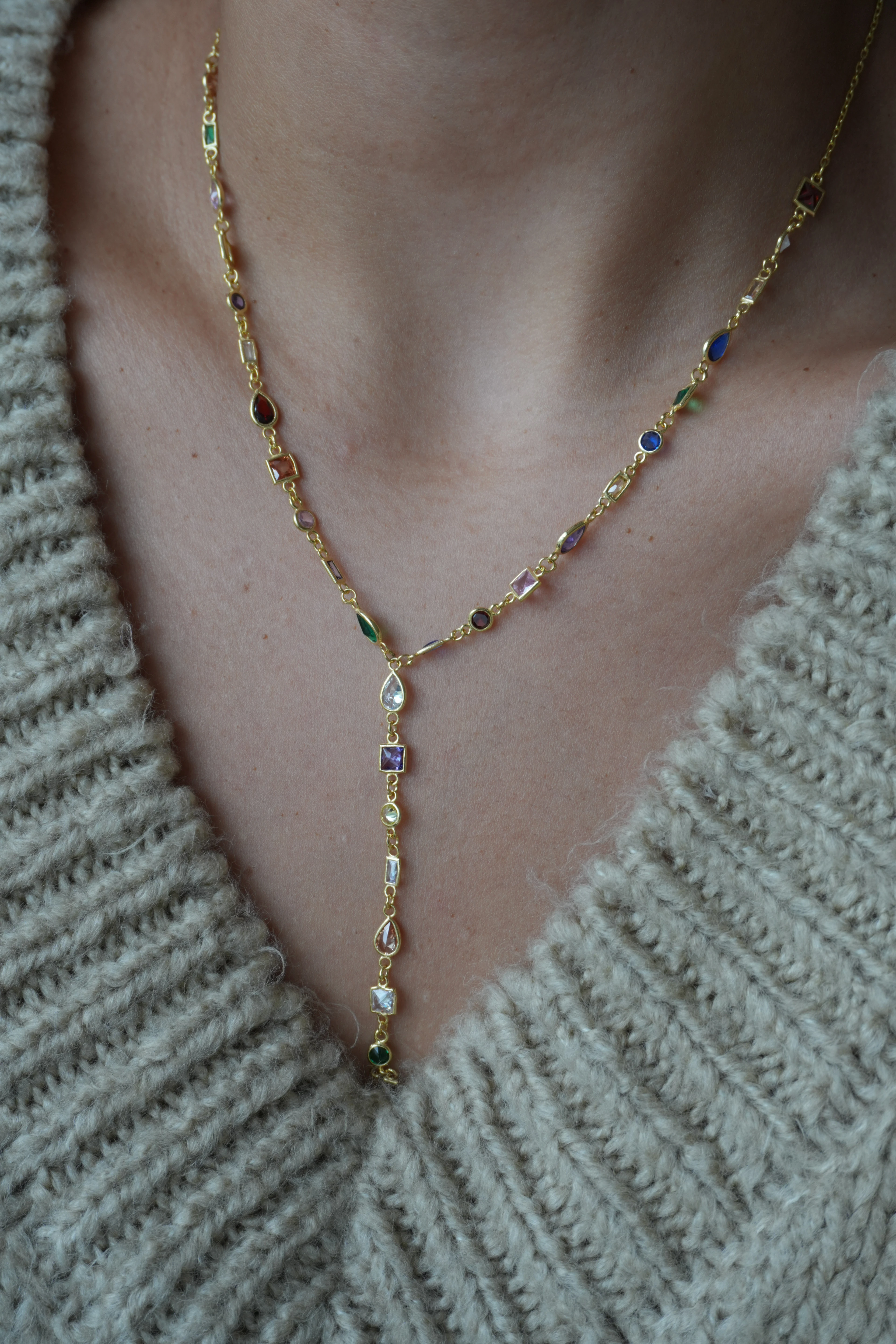 Renkli Asimetrik Taşlı Y Kolye | 925 Ayar Gümüş