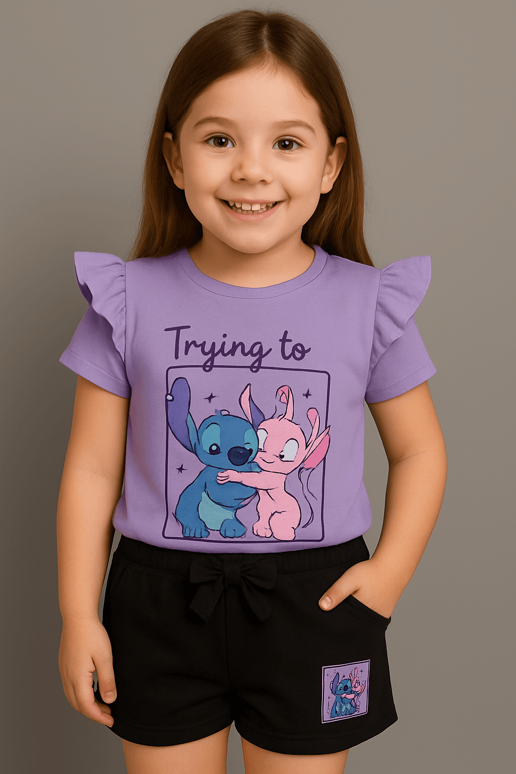 Stitch Baskılı Kol Detaylı Kız Çocuk Siyah Alt-Üst Takım 3-6 Yaş