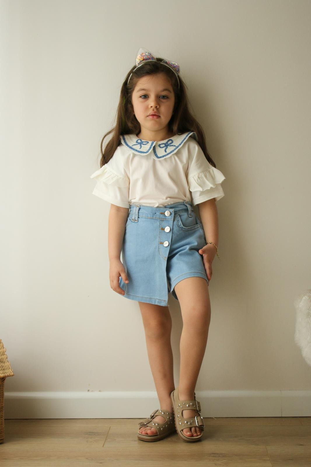 Kız Çocuk Denim Etekli Fiyonklu Bluz Takım