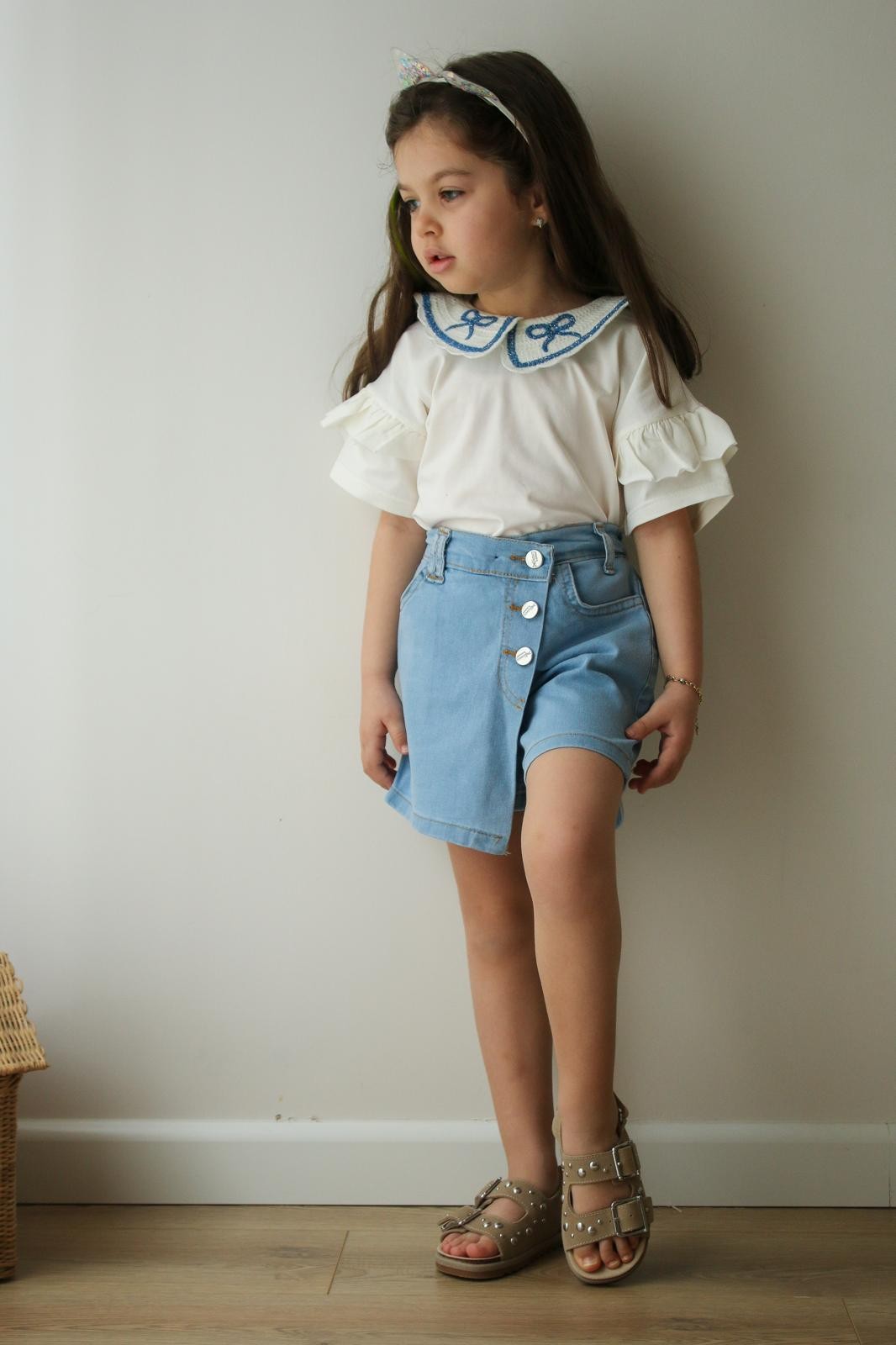 Kız Çocuk Denim Etekli Fiyonklu Bluz Takım