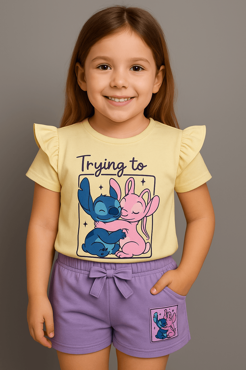 Stitch Baskılı Kol Detaylı Kız Çocuk Sarı Alt-Üst Takım 3-6 Yaş