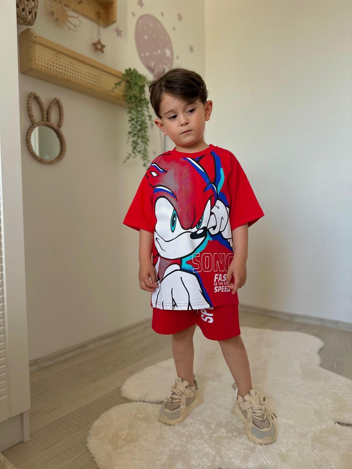 Sonic Temalı Kırmızı Renk Alt Üst Erkek Takım 3-10 Yaş Arası