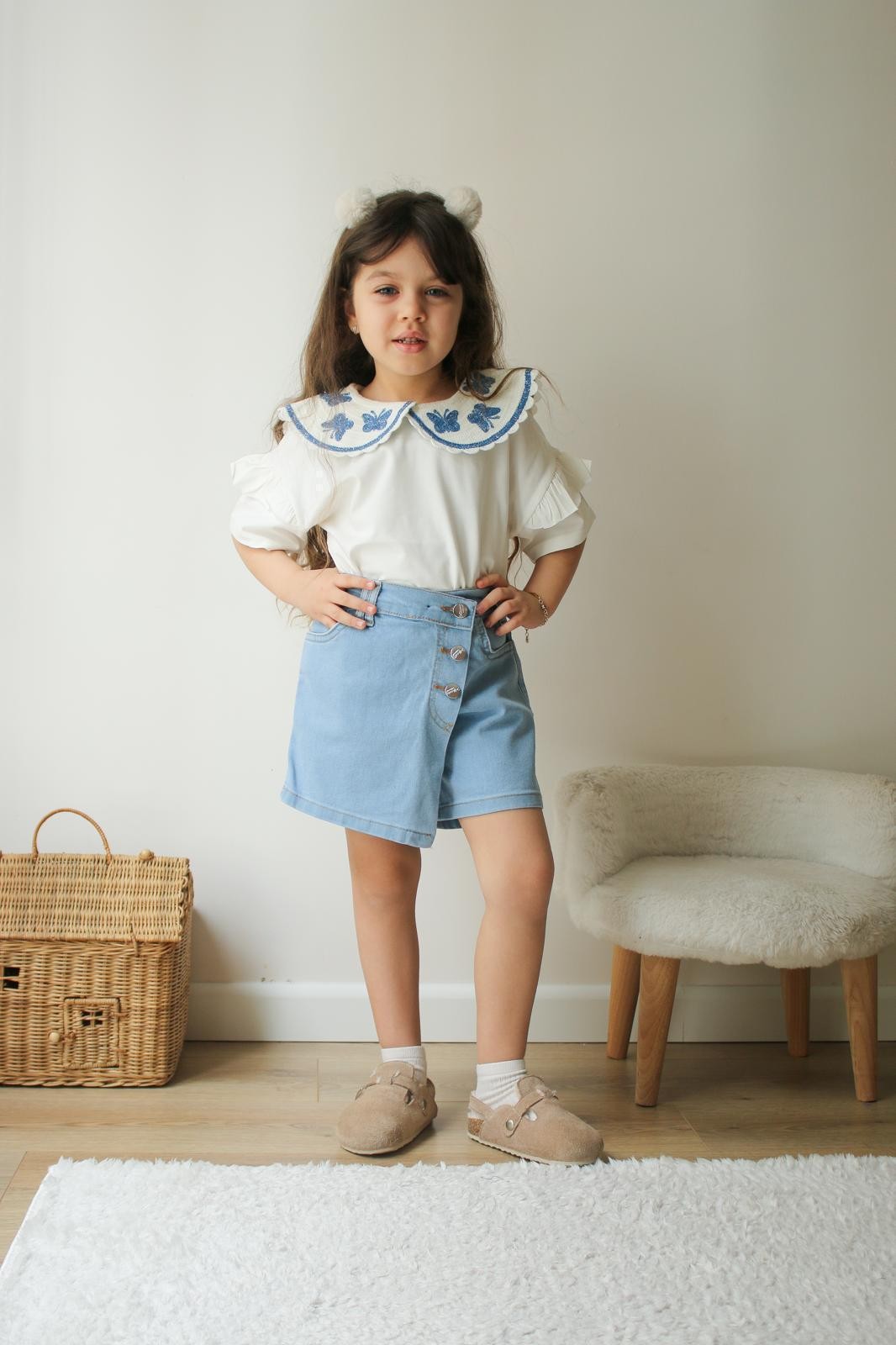 Kız Çocuk Denim Etekli Kelebek Detaylı Bluz Takım
