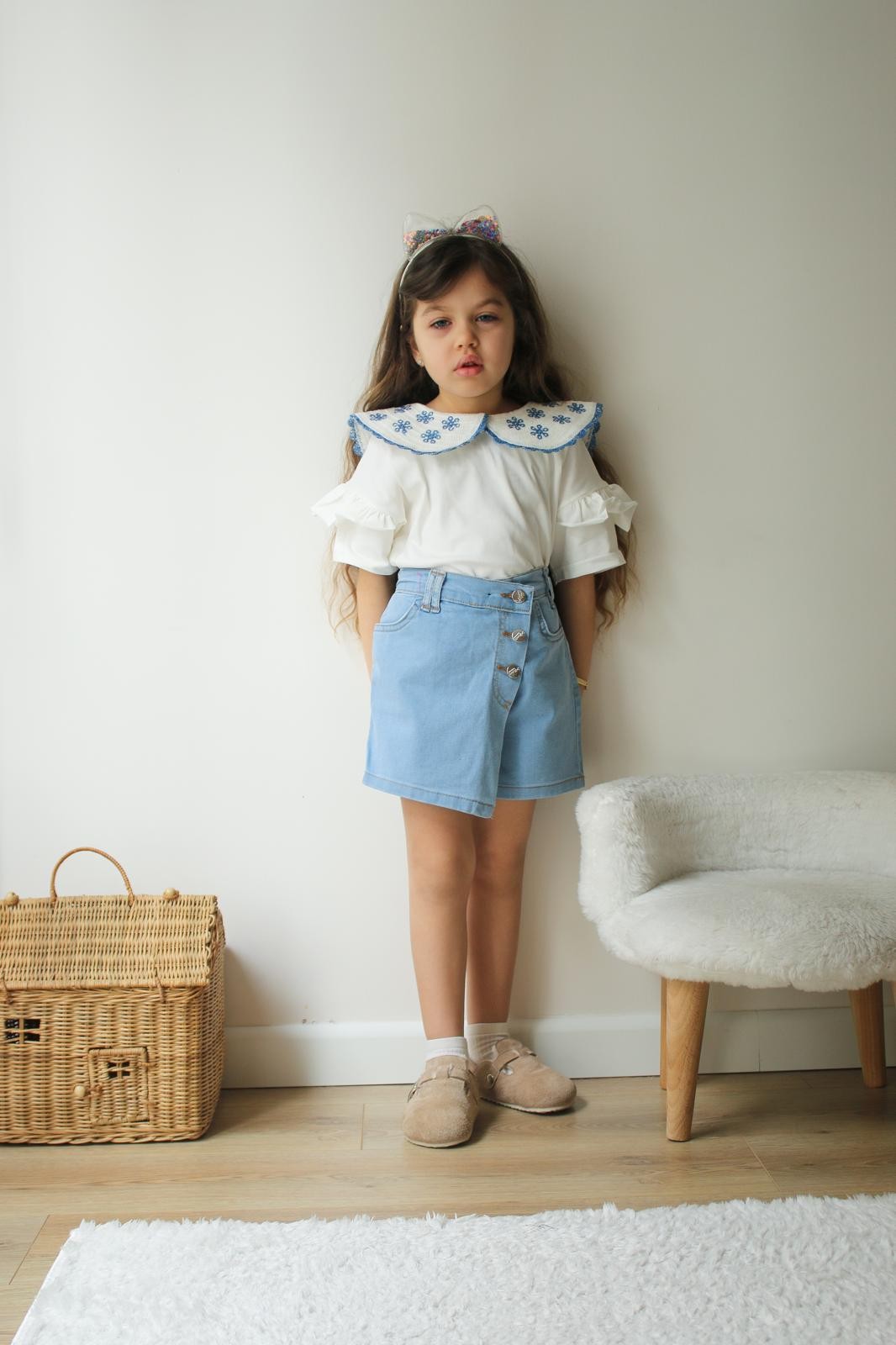 Kız Çocuk Denim Etekli Çiçek Detaylı Bluz Takım