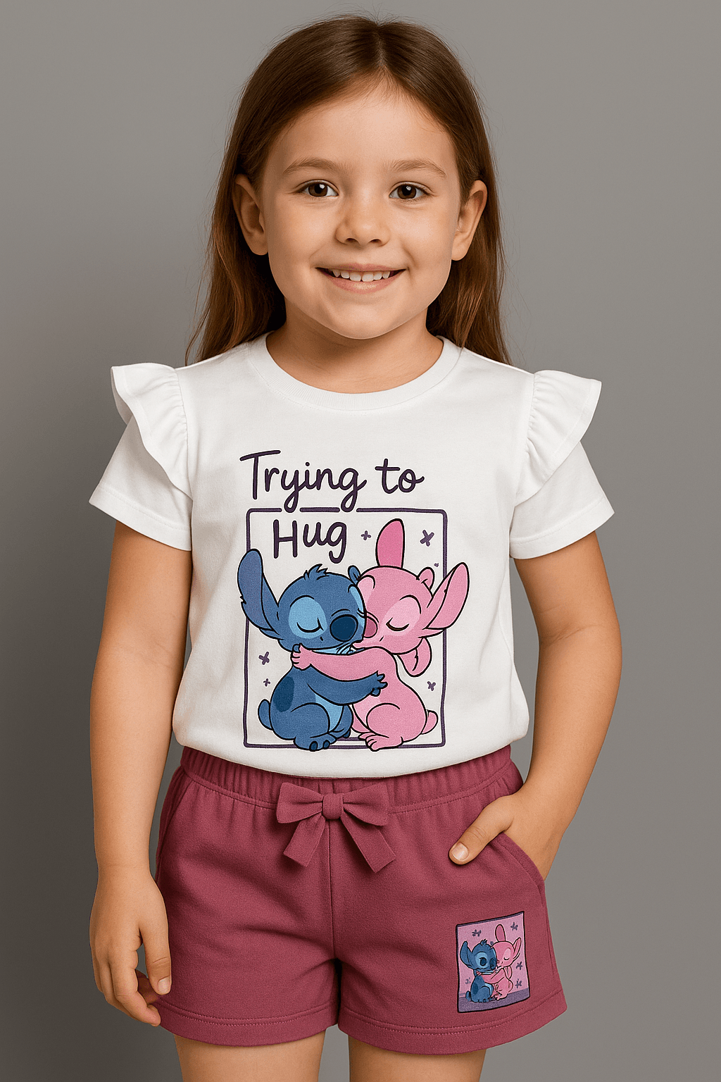 Stitch Baskılı Kol Detaylı Kız Çocuk Beyaz Alt-Üst Takım 3-6 Yaş