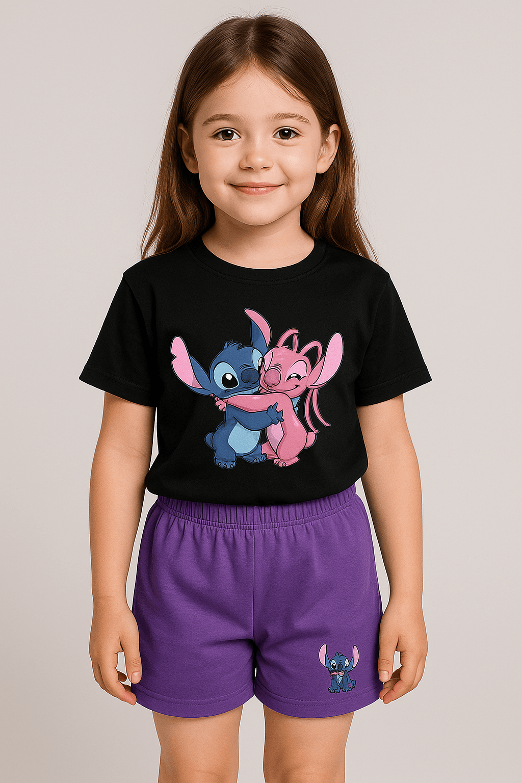 Stitch ve Angel Baskılı Kız Çocuk Siyah Alt-Üst Takım 3-6 Yaş