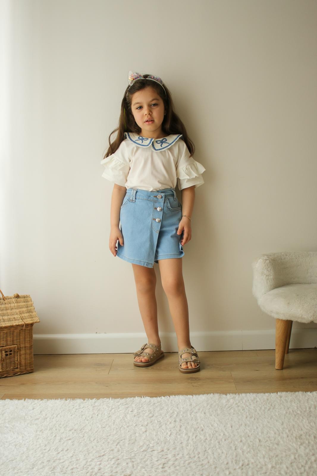 Kız Çocuk Denim Etekli Fiyonklu Bluz Takım