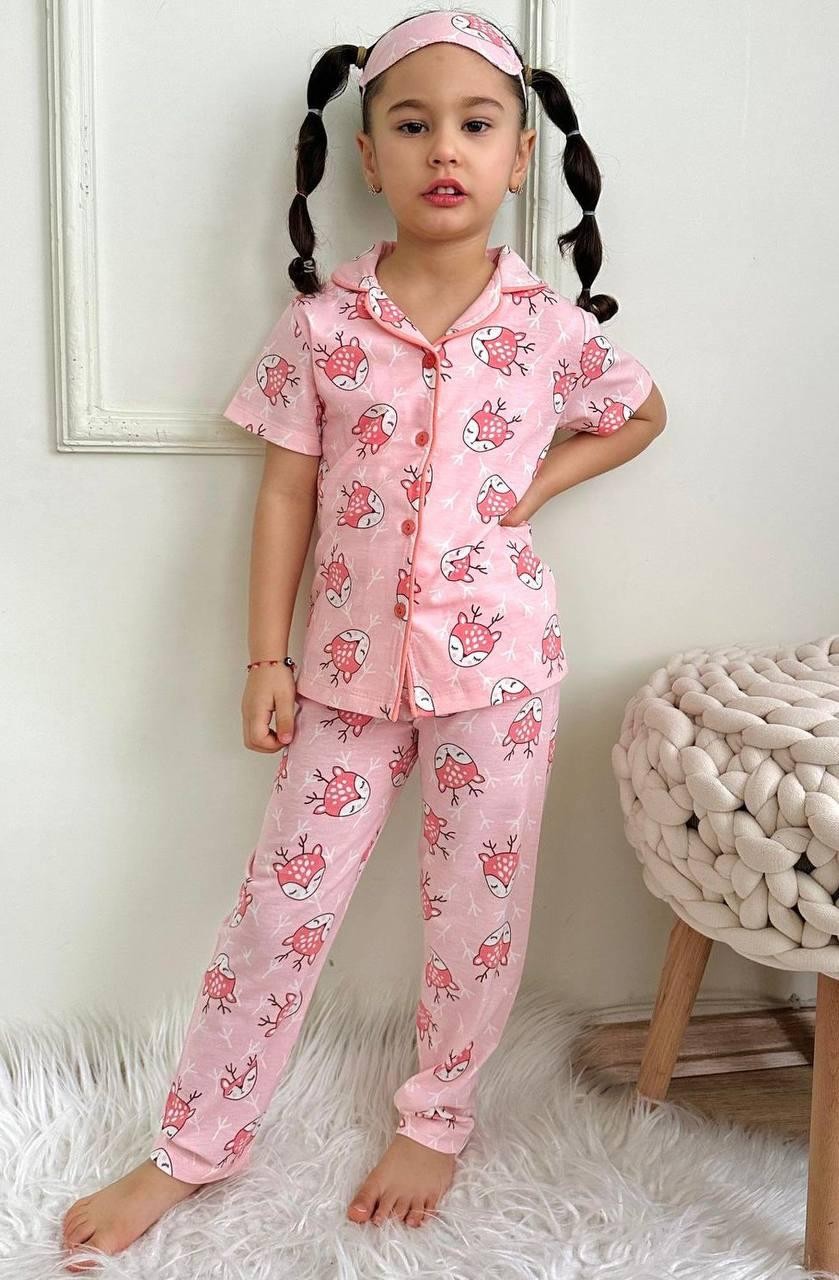 Sevimli Geyik Desenli Pembe Renk Kız Çocuk Pijama Takımı
