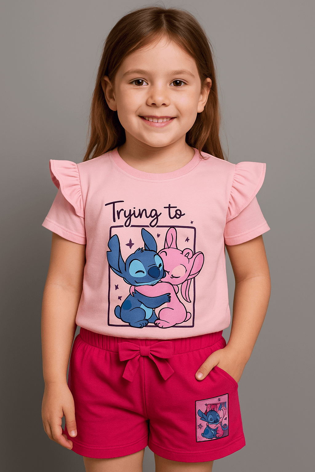 Stitch Baskılı Kol Detaylı Kız Çocuk Pembe Alt-Üst Takım 3-6 Yaş