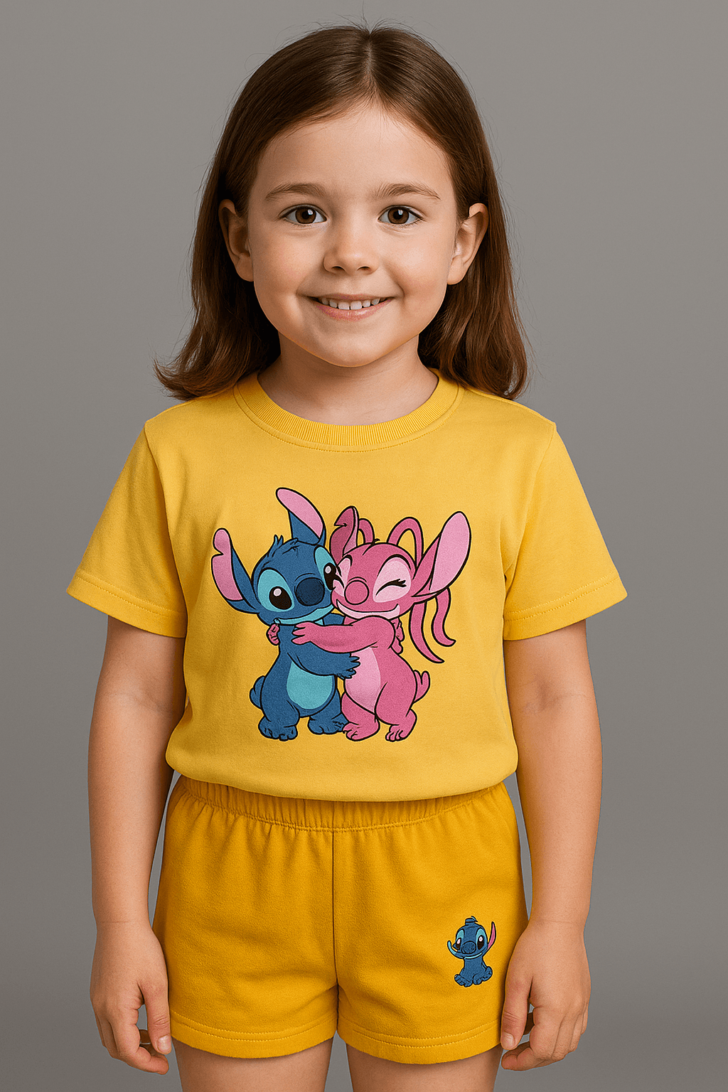 Stitch ve Angel Baskılı Kız Çocuk Sarı Alt-Üst Takım 3-6 Yaş
