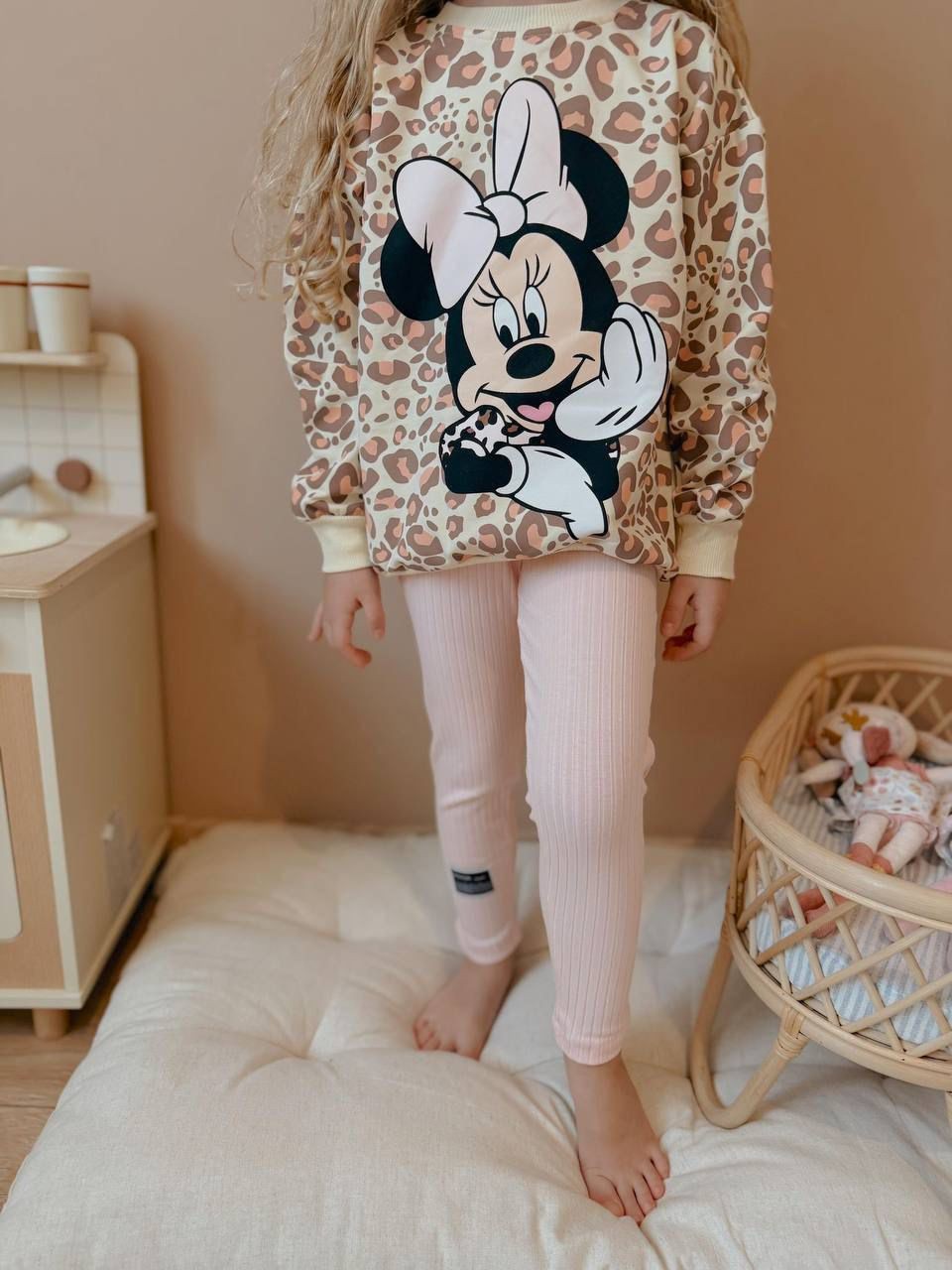 Kız Çocuk Mickey Mouse Leopar Baskılı Fitilli Taytlı Alt Üst Takım