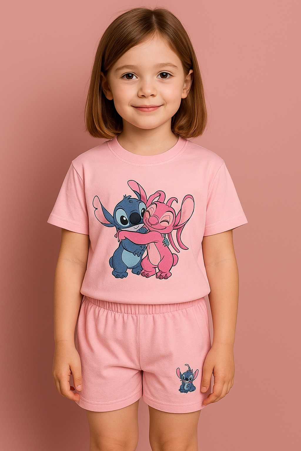 Stitch ve Angel Baskılı Kız Çocuk Pembe Alt-Üst Takım 3-6 Yaş