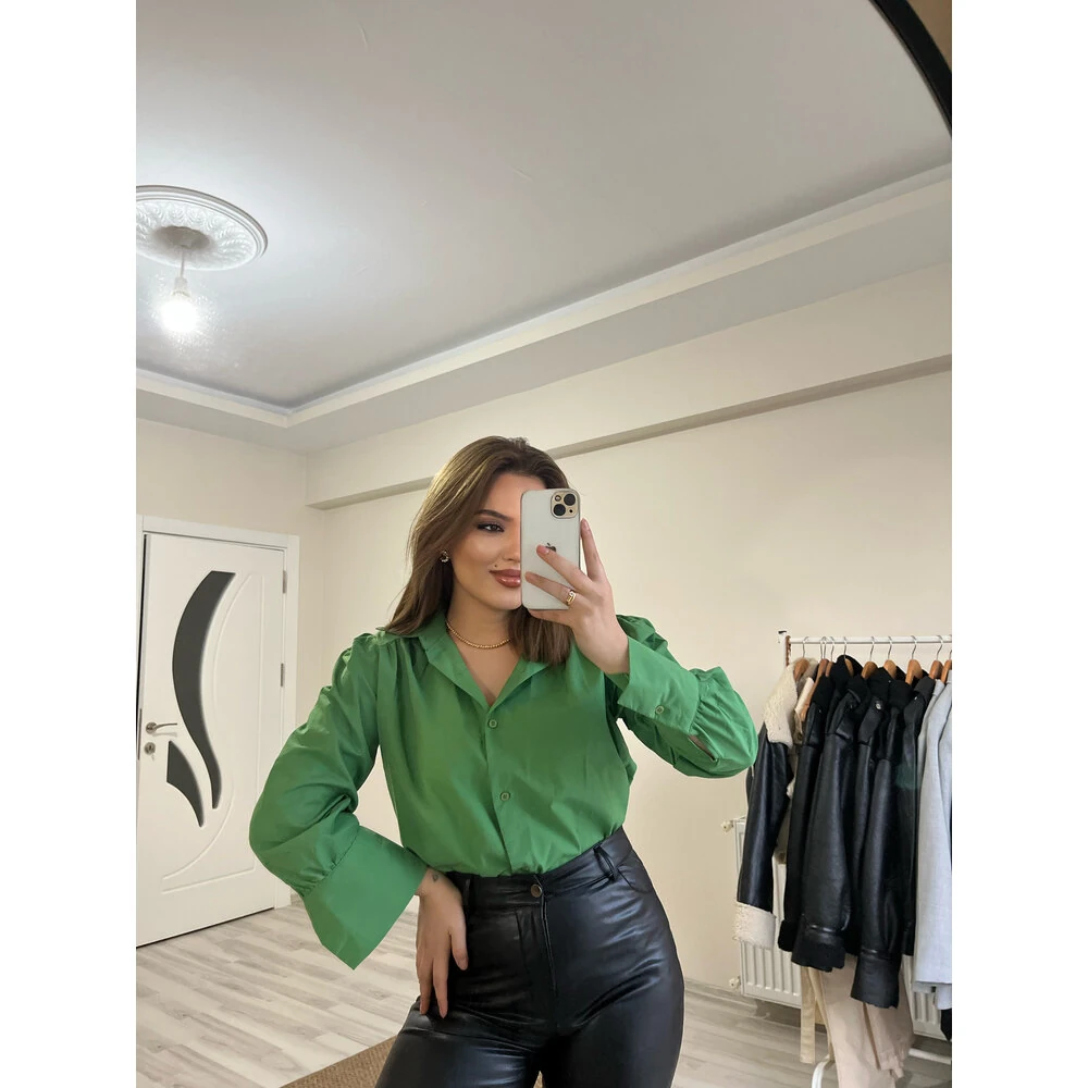 Büzgülü poplin gömlek yeşil