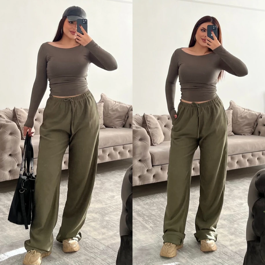 ince kemerli fitilli eşofman altı haki