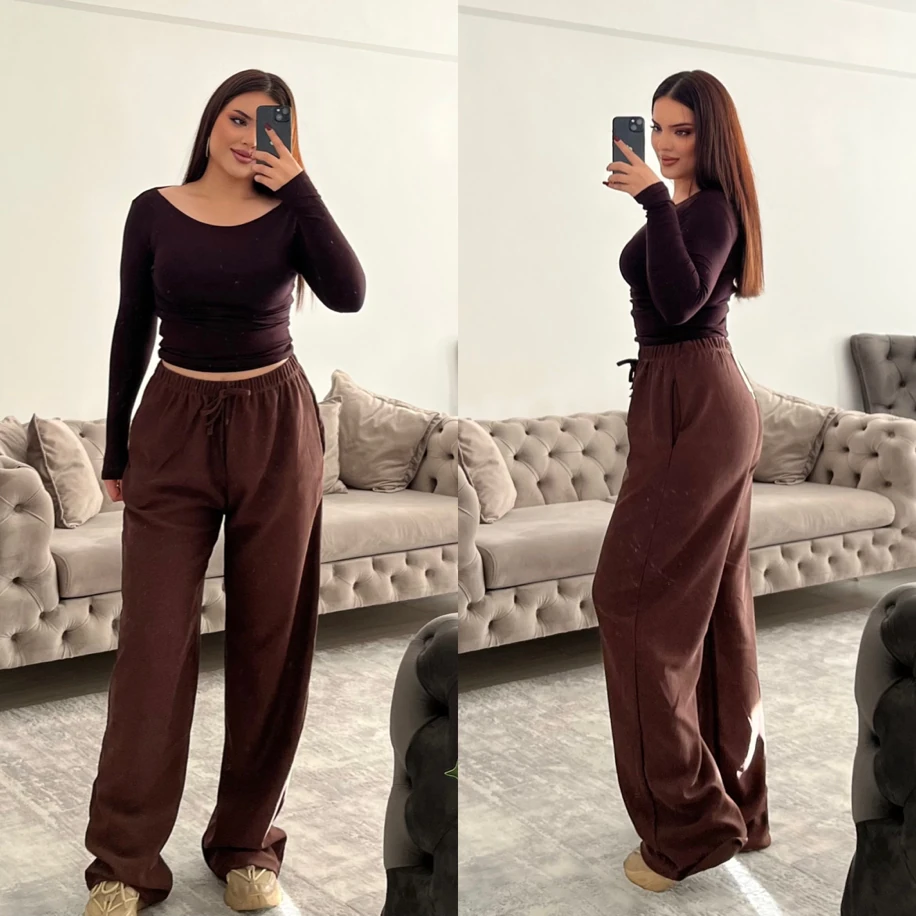 ince kemerli fitilli eşofman altı kahverengi