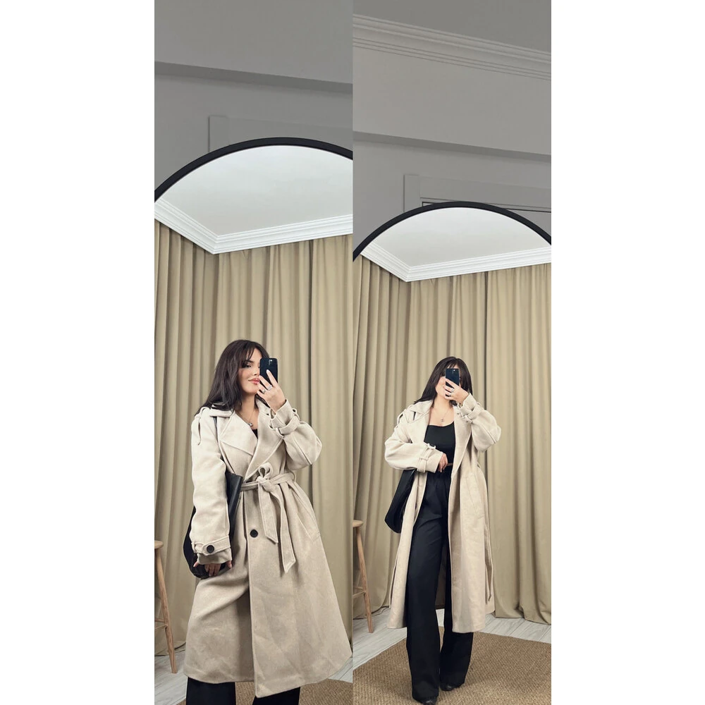 Premium astarlı kuşaklı uzun kaban bej