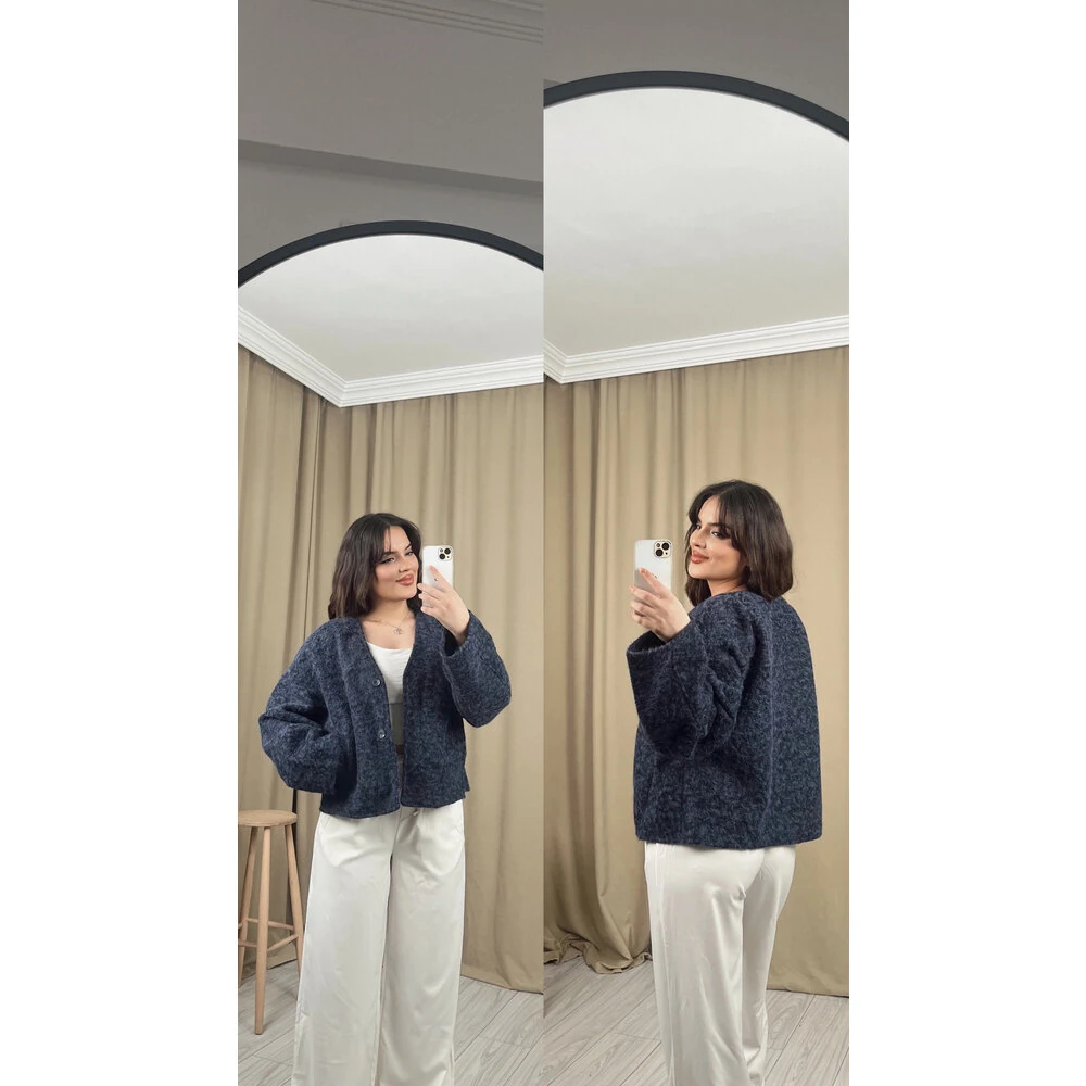 Buklet kaşe yün ceket lacivert