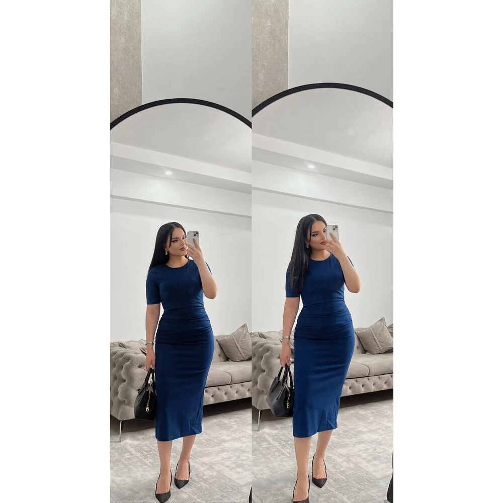 Kısa kol büzgü detay elbise lacivert