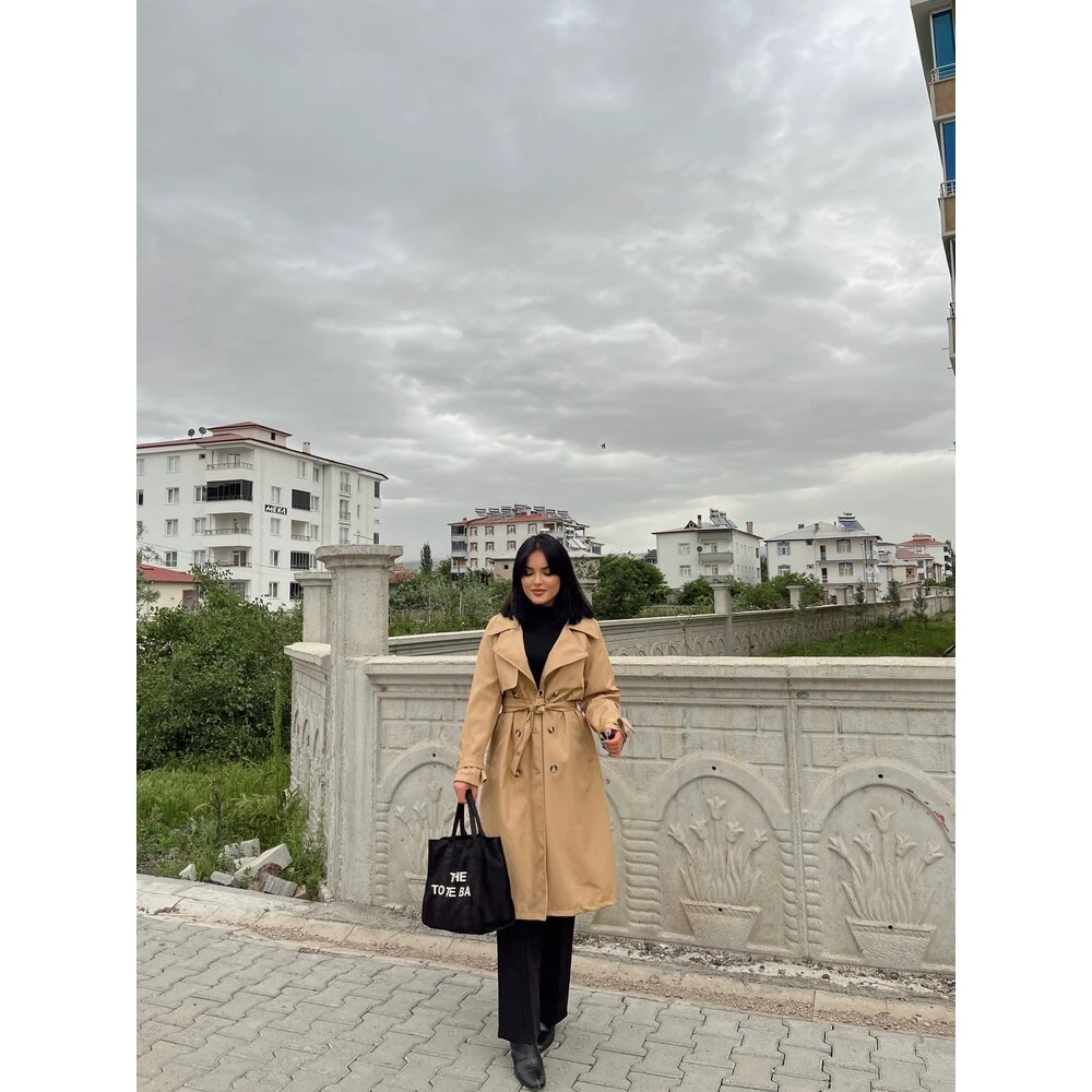 astarlı uzun trençkot camel