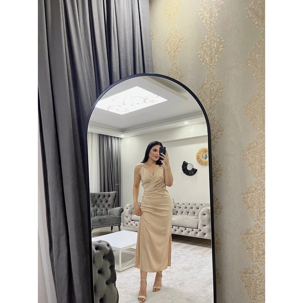 askılı saten elbise bej