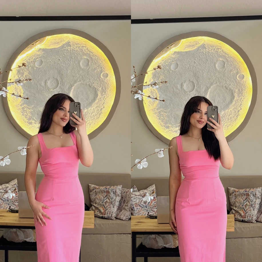 Pembe kare yaka kalın askılı kalem elbise