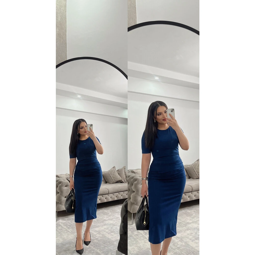Kısa kol büzgü detay elbise lacivert