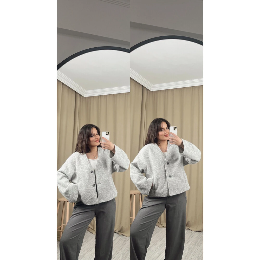 Buklet kaşe yün ceket gri